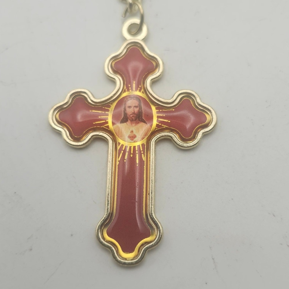 Sacred Heart Jesus Red Cross Keychain Gold Tone Catholic Religious Key Ring Gift